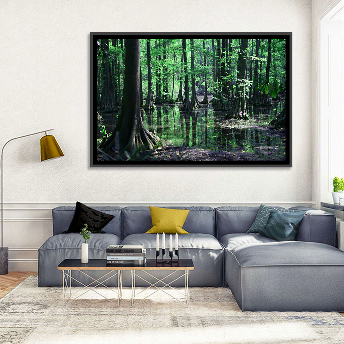 Congaree Swamp Reflection Wall Art in a room, landscape