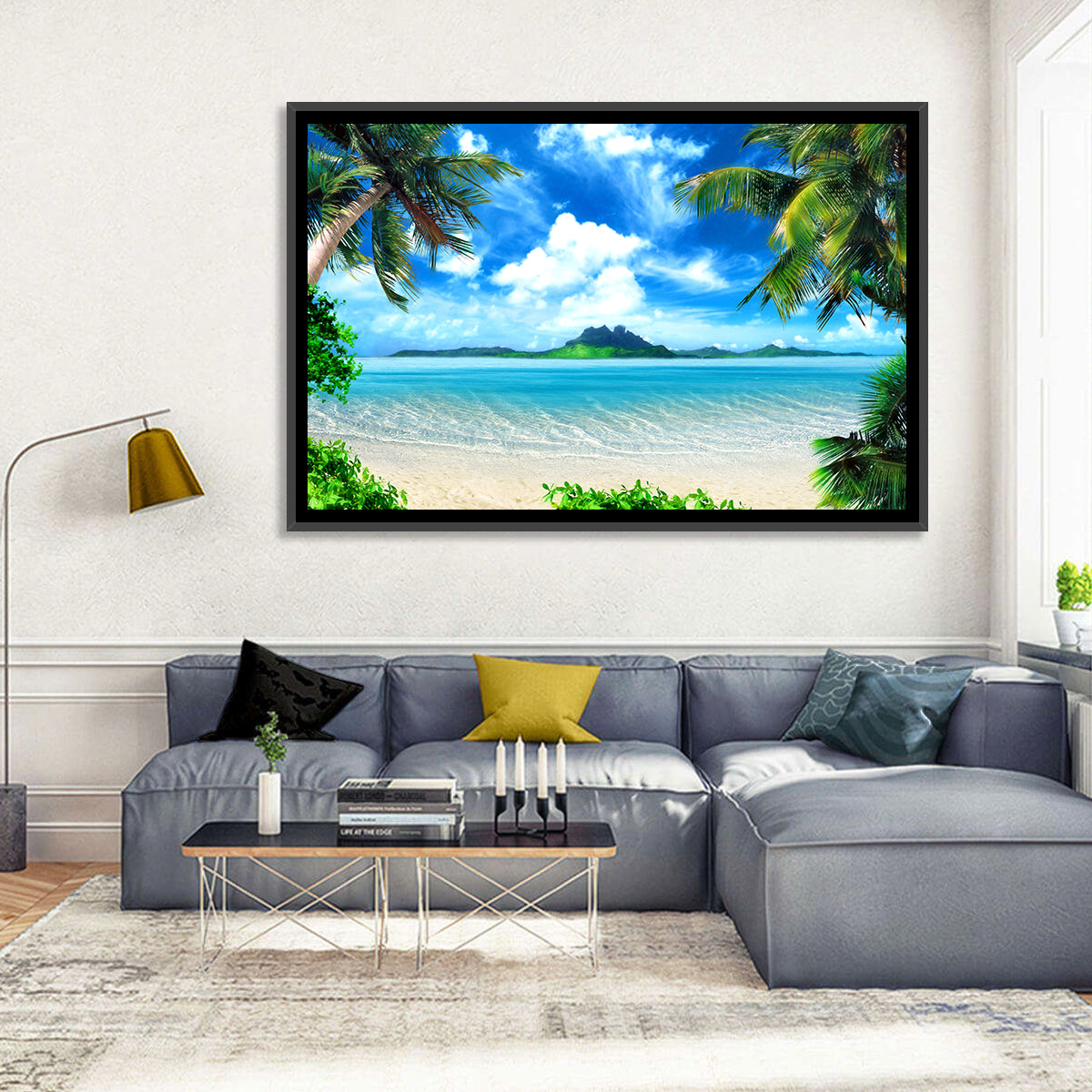 Palm-framed Tropical Island Beach Wall Art in a room, landscape