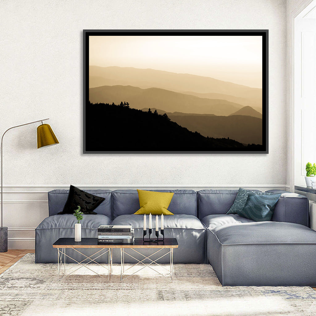 Foggy Mountain Sunset with Evergreen Silhouettes Wall Art