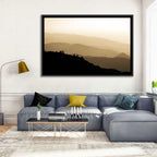 Foggy Mountain Sunset with Evergreen Silhouettes Wall Art