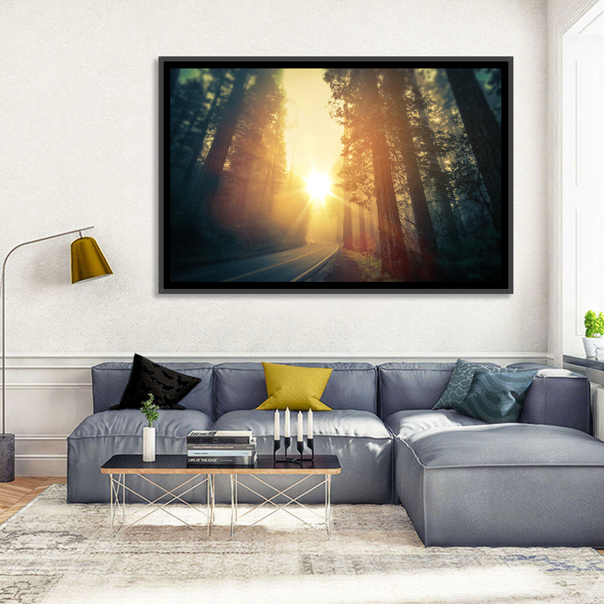 Misty Redwood Road with Golden Sunburst Wall Art in a room, landscape