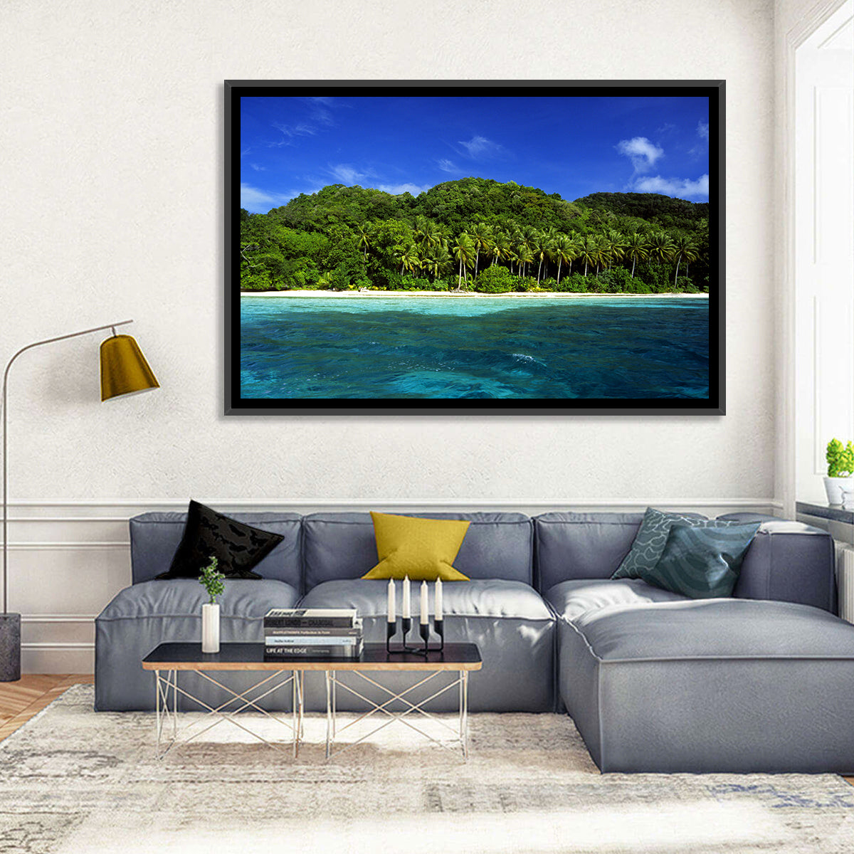 Turquoise Tropical Island Scene Wall Art in a room, landscape
