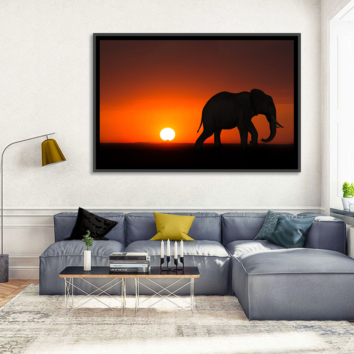 Sunset Elephant Silhouette Wall Art in a room, landscape