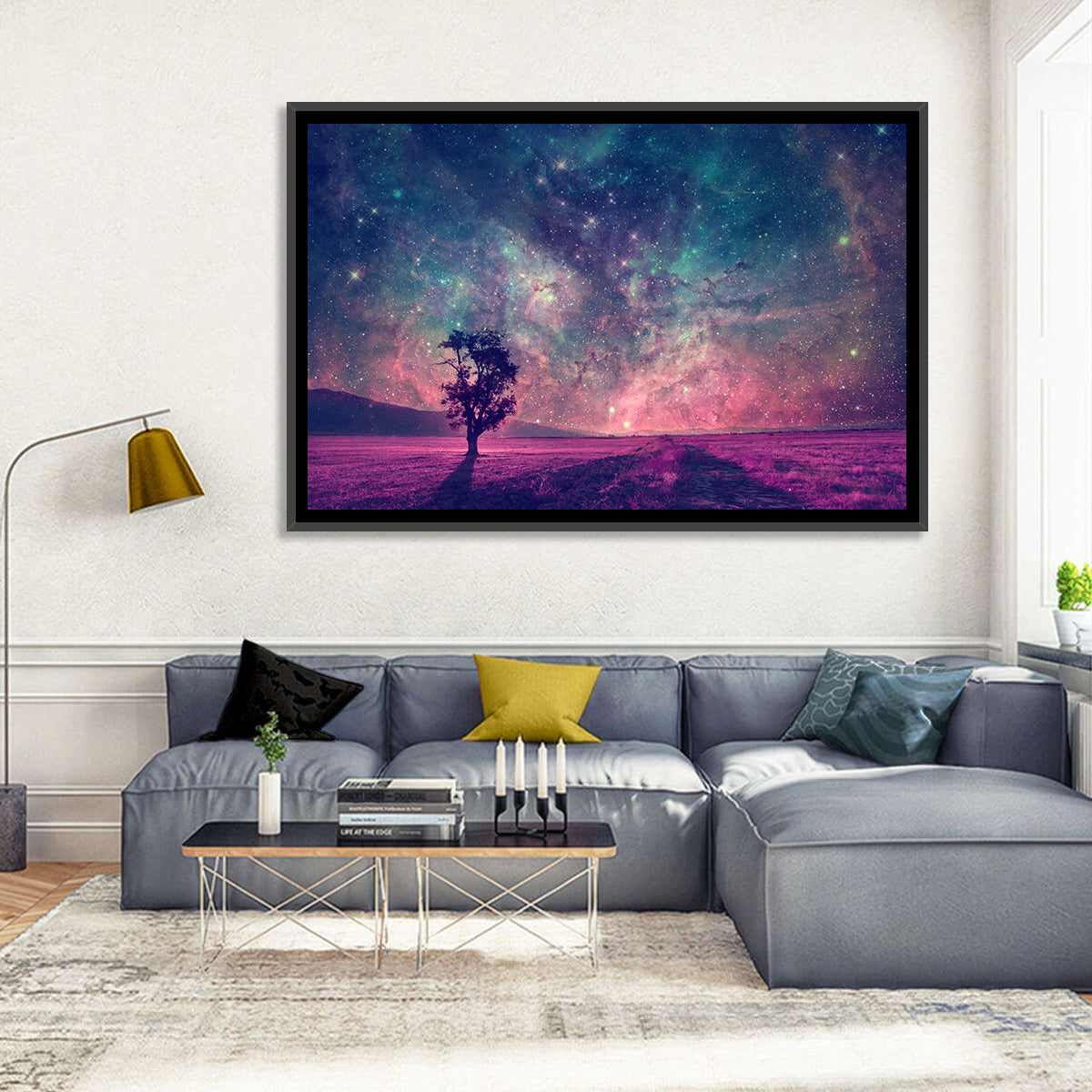 Lone Tree Under Nebula Sky Wall Art in a room, landscape
