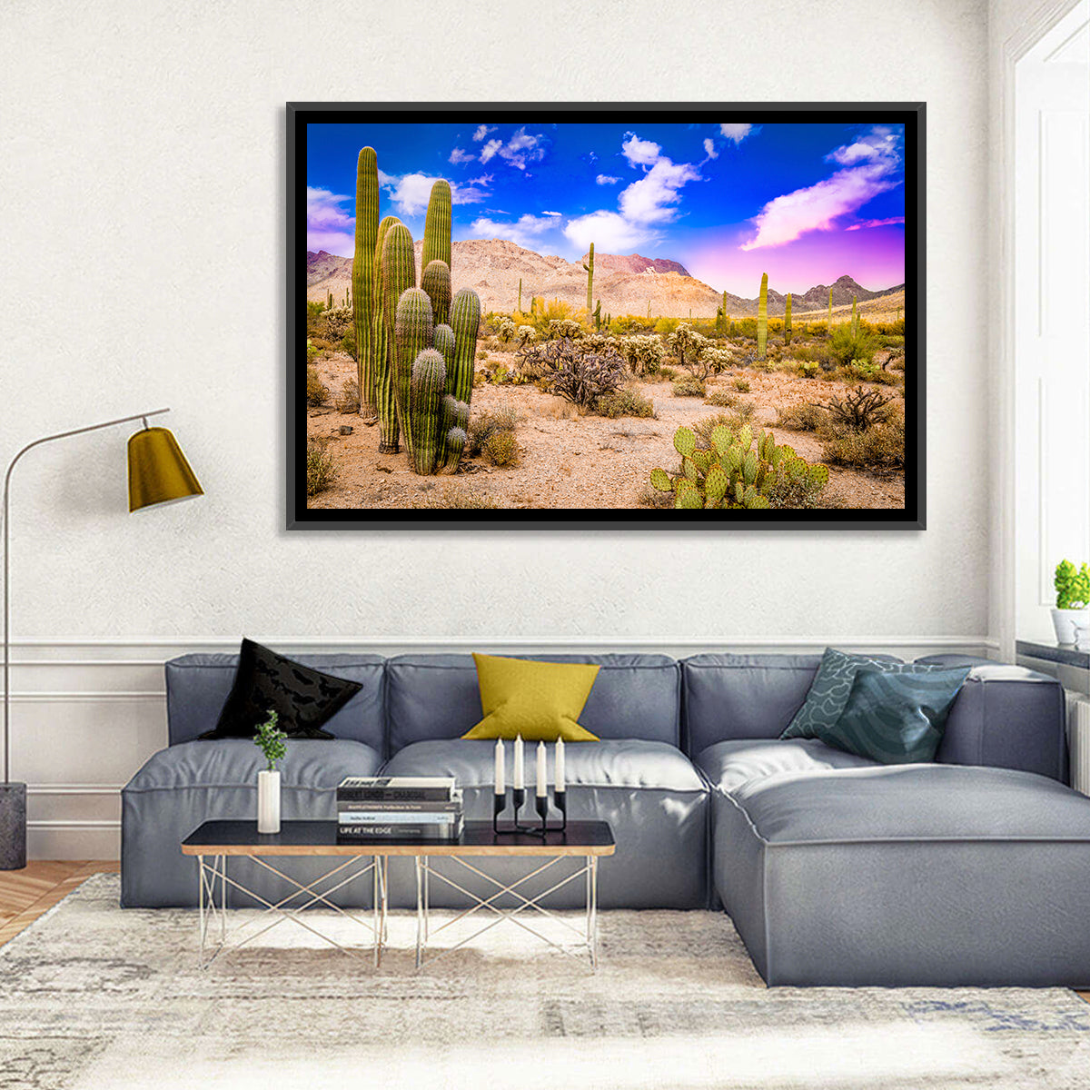 Arizona Saguaro Sunset Wall Art in a room, landscape