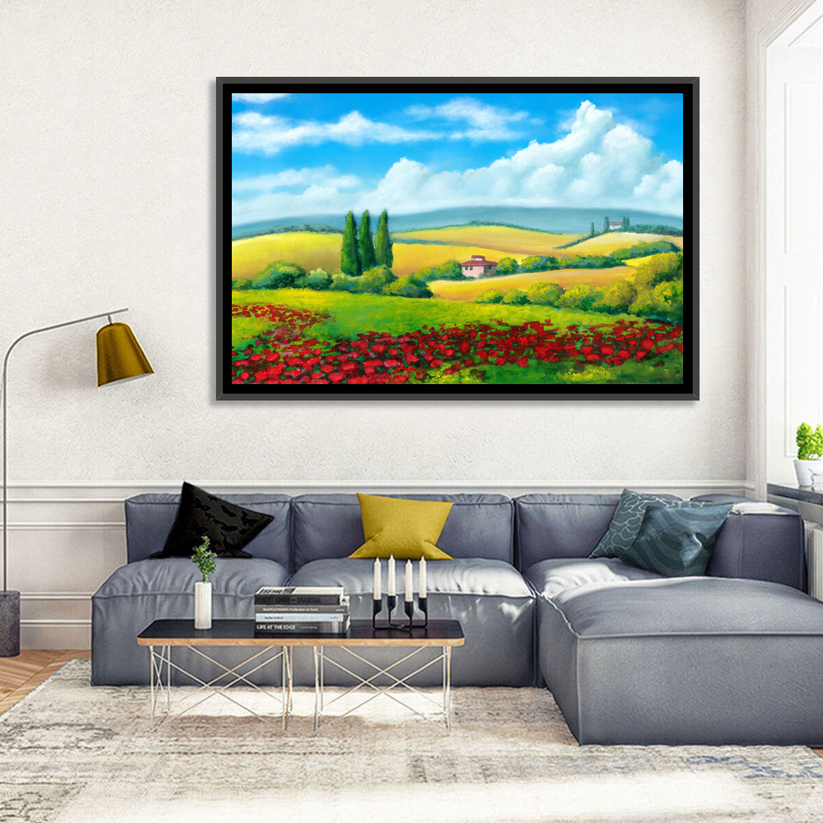 Tuscan Poppy Field Wall Art in a room, landscape