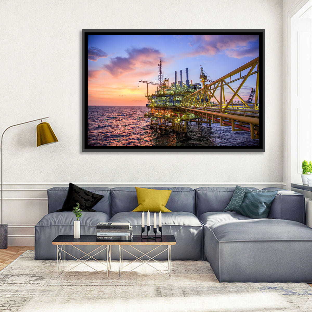 Golden Hour Offshore Oil Rig Wall Art in a room, landscape