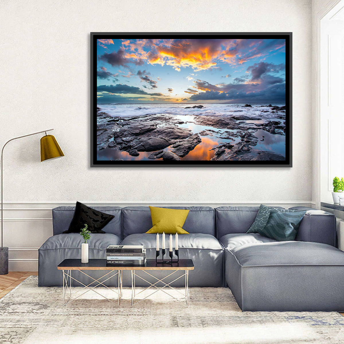 Sunset Over Volcanic Shore Wall Art in a room, landscape