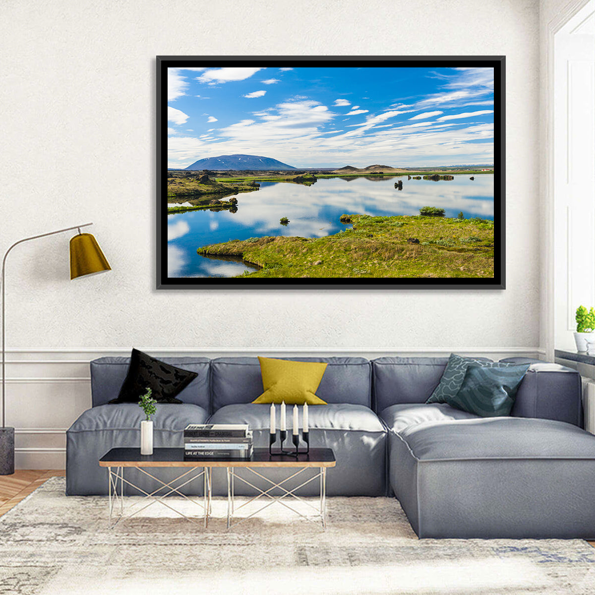 Lake Myvatn Reflection Wall Art in a room, landscape