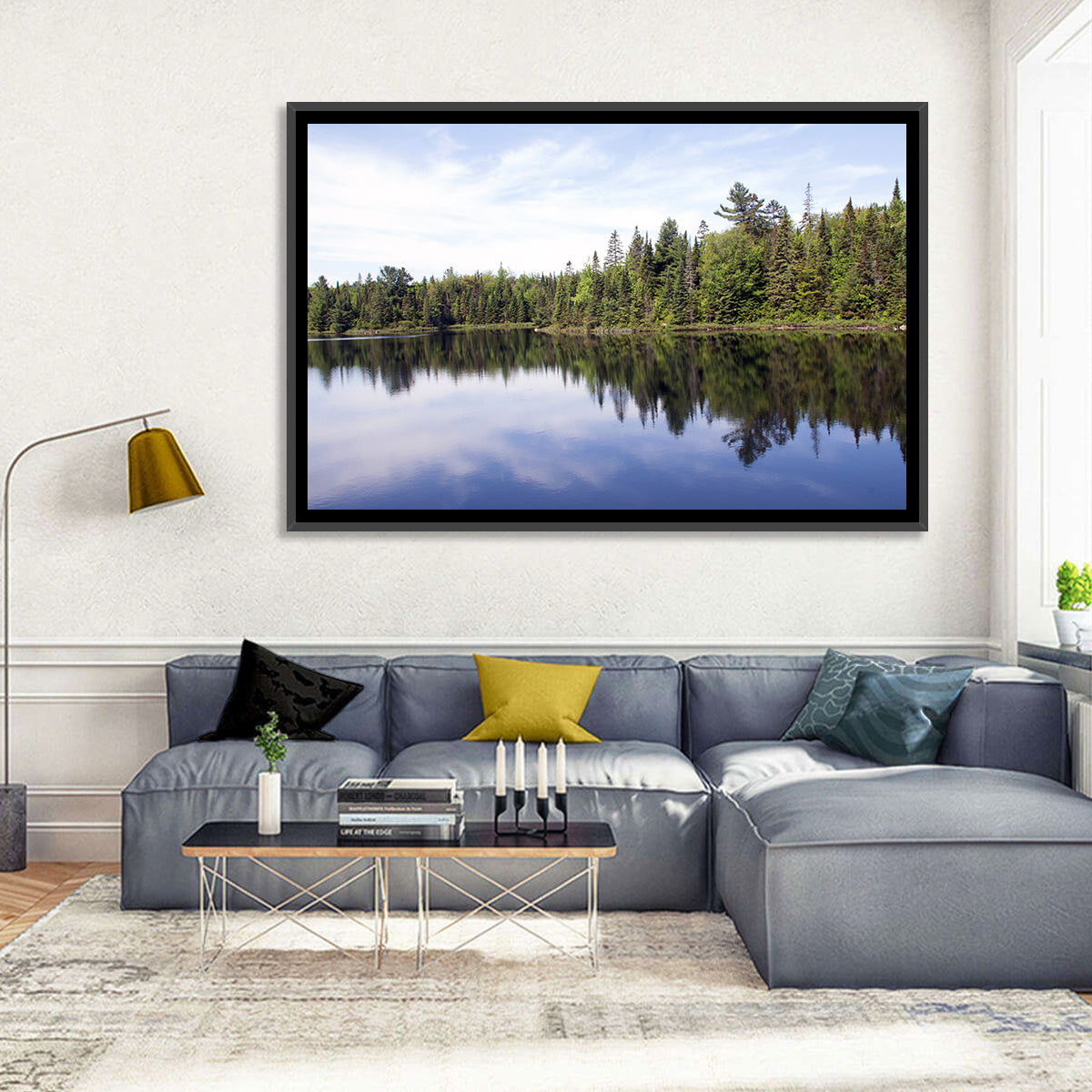 Peck Lake Shoreline Reflection Wall Art in a room, landscape