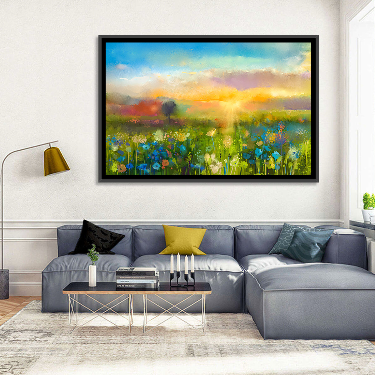 Sunset Wildflower Meadow Wall Art in a room, landscape