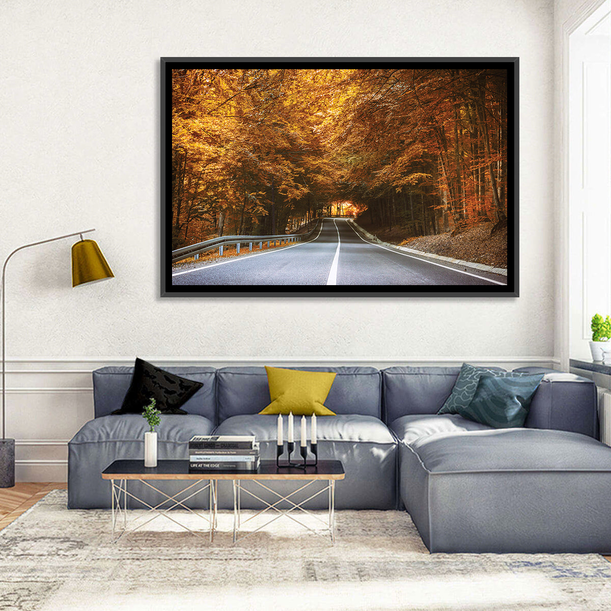 Autumn Forest Road with Canopy Wall Art in a room, landscape