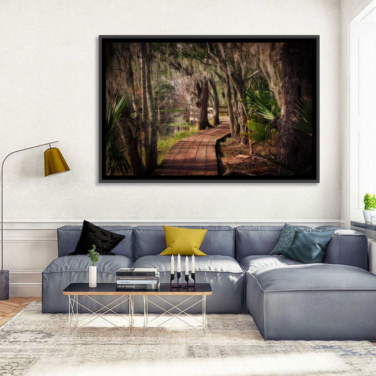 Louisiana Swamp Boardwalk Wall Art in a room, landscape