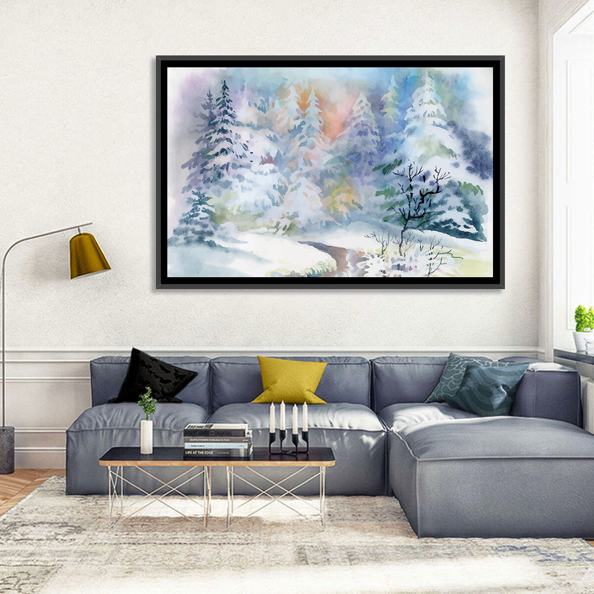 Winding Winter Stream Watercolor Wall Art in a room, landscape