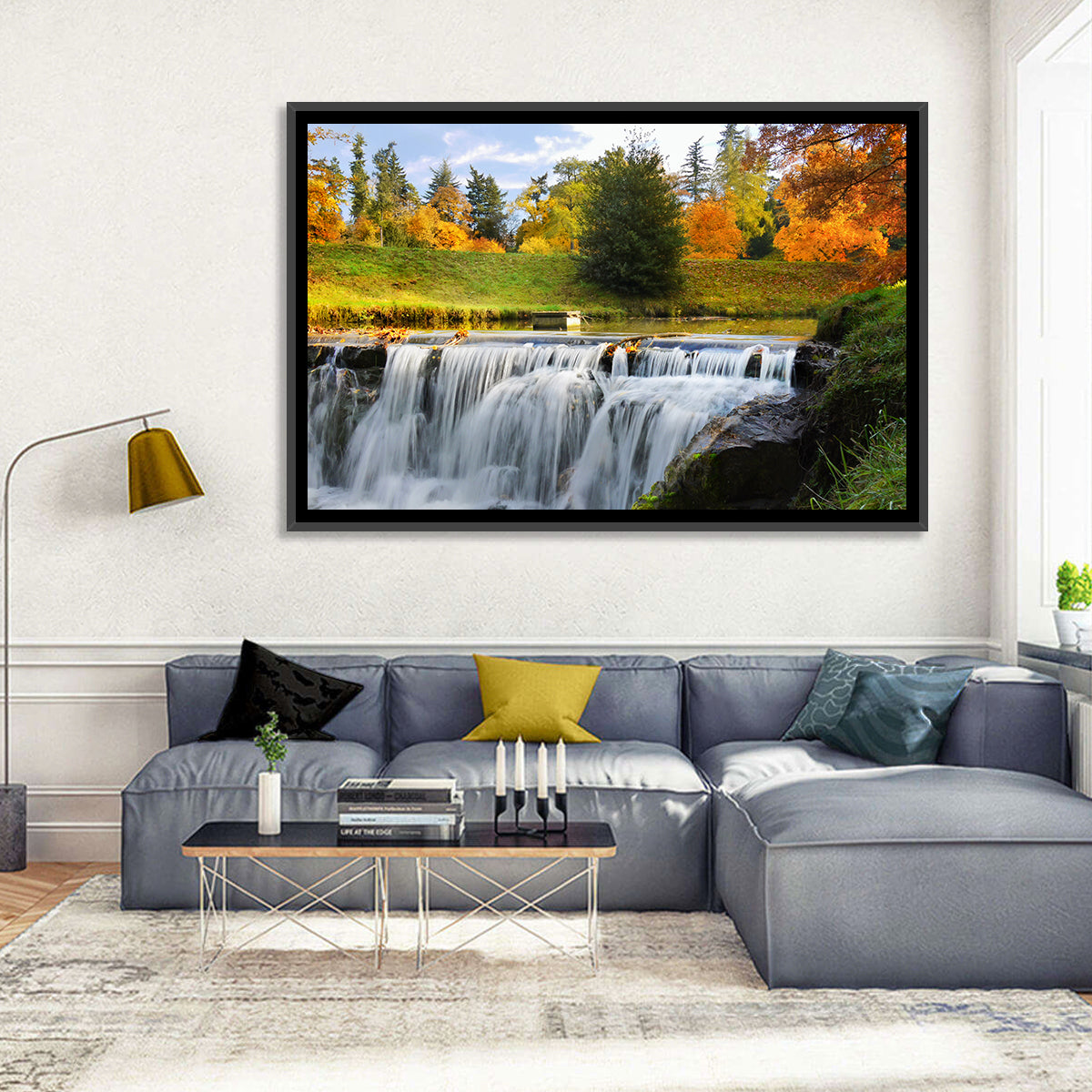 Autumn Forest Waterfall Wall Art in a room, landscape