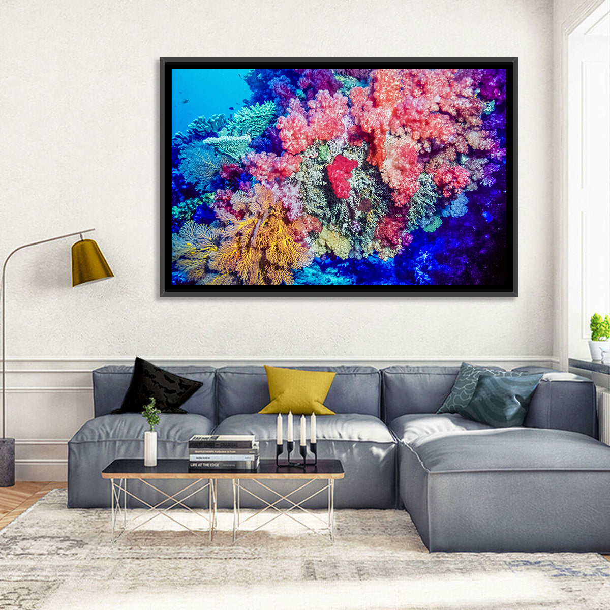 Vibrant Coral Reef Wall Art in a room, landscape