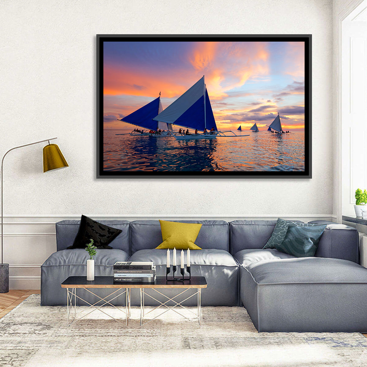 Outrigger Sailboats at Sunset Wall Art in a room, landscape