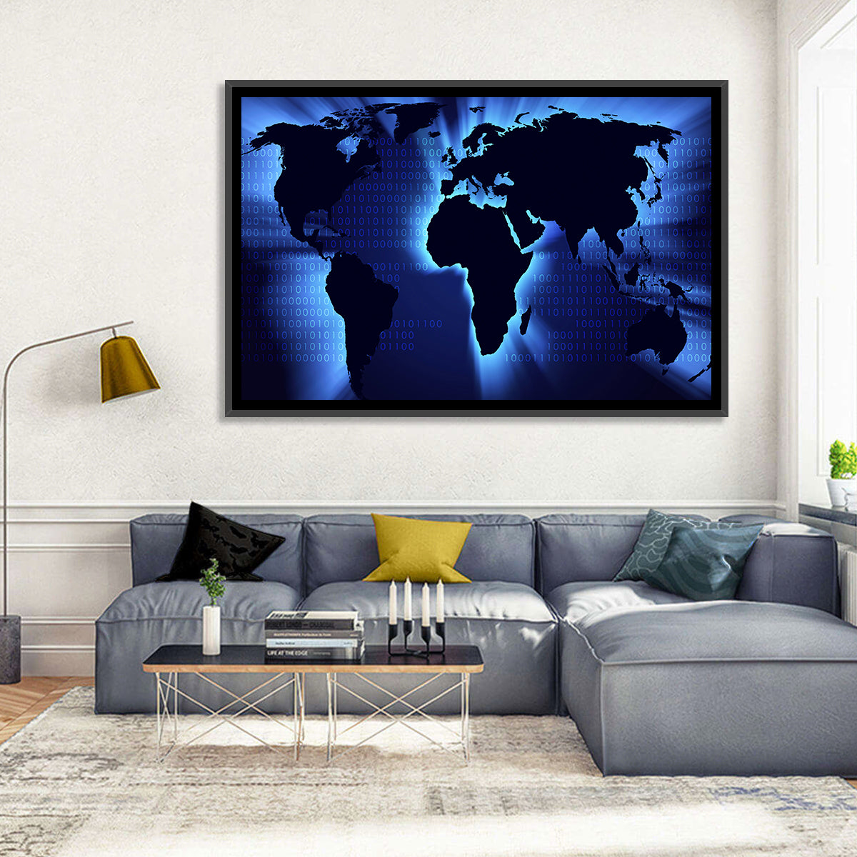 Glowing Digital World Map Wall Art in a room, landscape