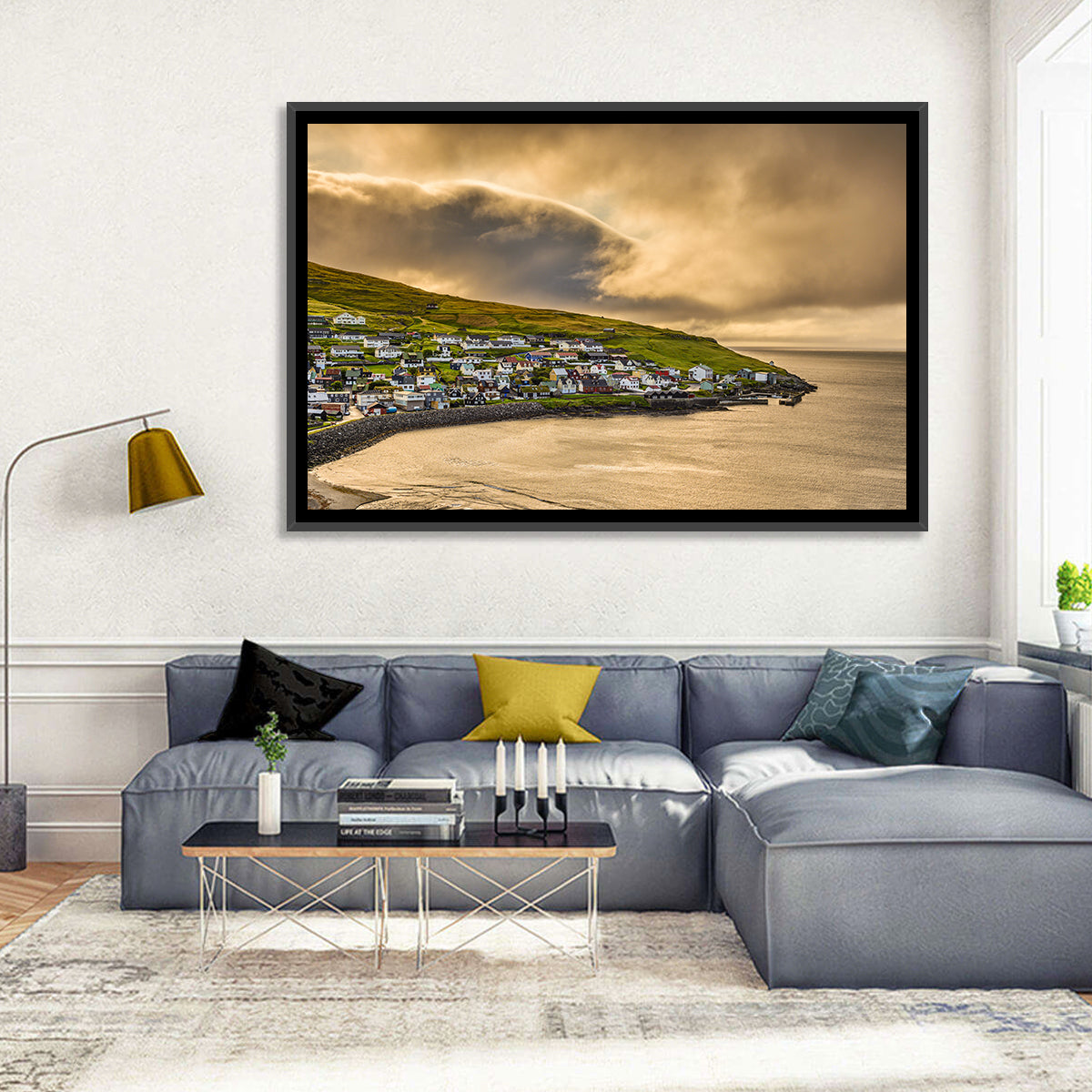 Coastal Village at Golden Hour Wall Art in a room, landscape
