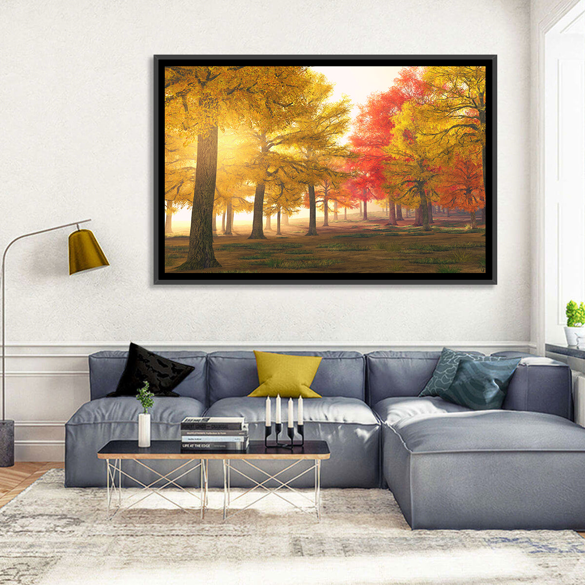 Foggy Autumn Forest Wall Art in a room, landscape