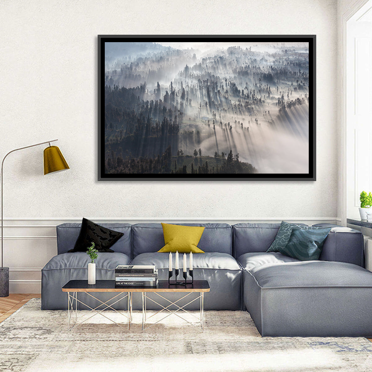 Misty Forest Sunrise Wall Art in a room, landscape