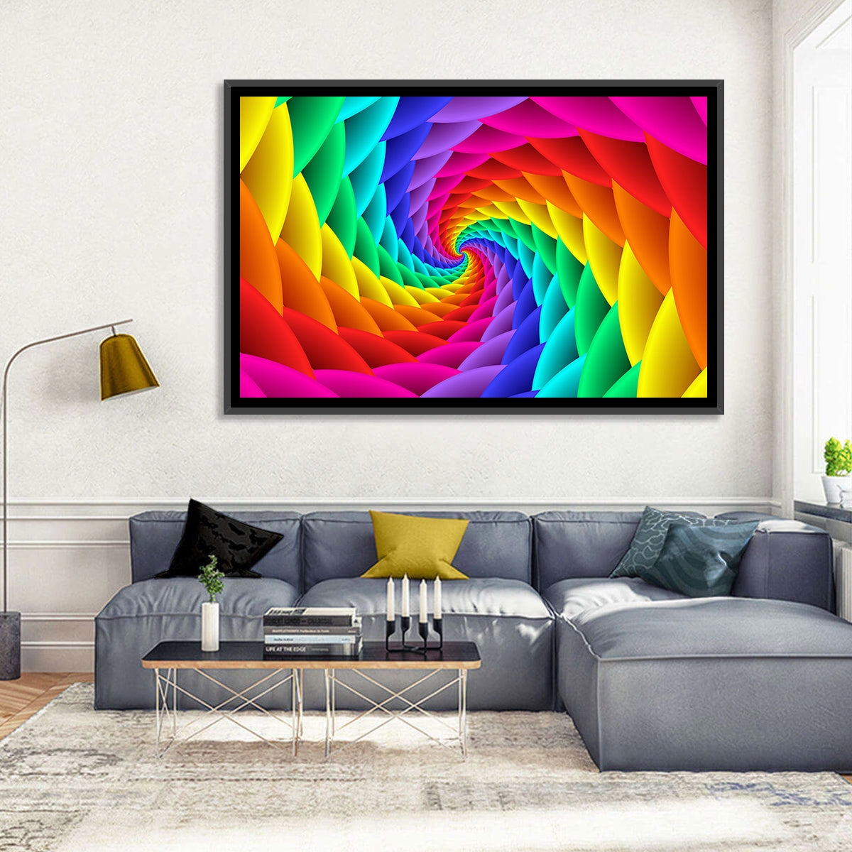 Rainbow Spiral Vortex Tunnel Wall Art in a room, landscape