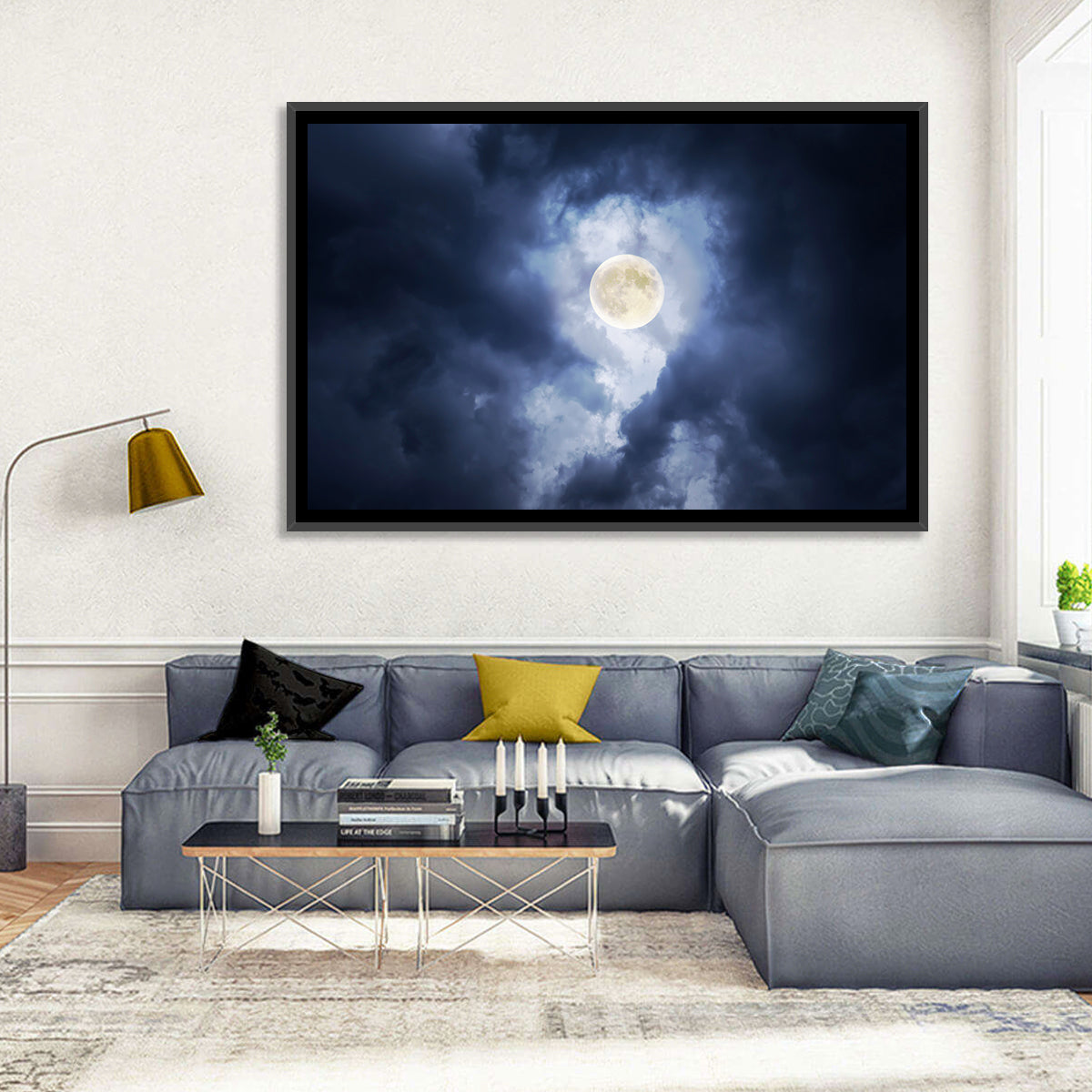Supermoon Through Storm Clouds Wall Art in a room, landscape