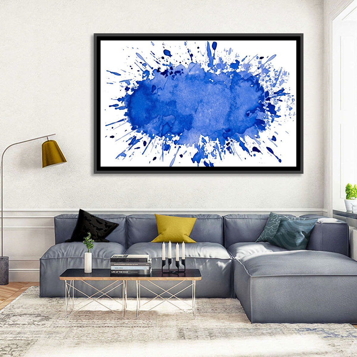 Blue Ink Splash Wall Art in a room, landscape