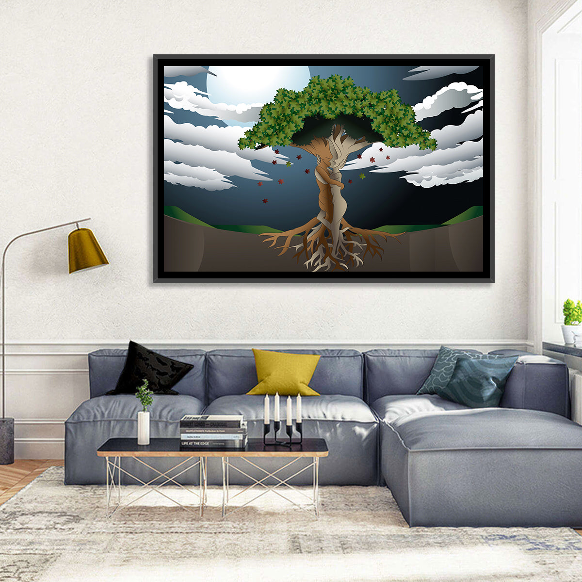 Moonlit Lovers Tree Wall Art in a room, landscape