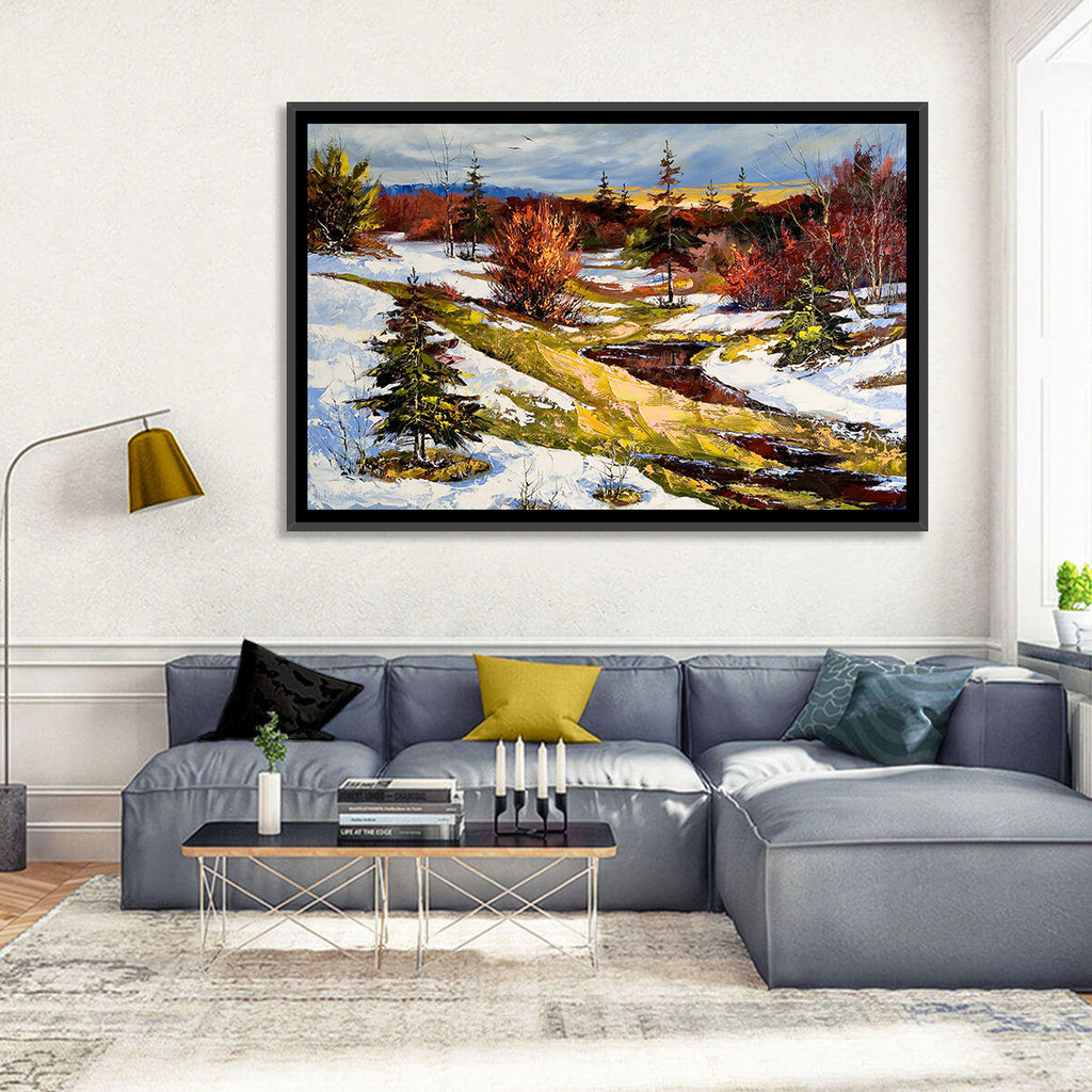 Snowy Stream Through Evergreens Wall Art