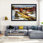 Snowy Stream Through Evergreens Wall Art