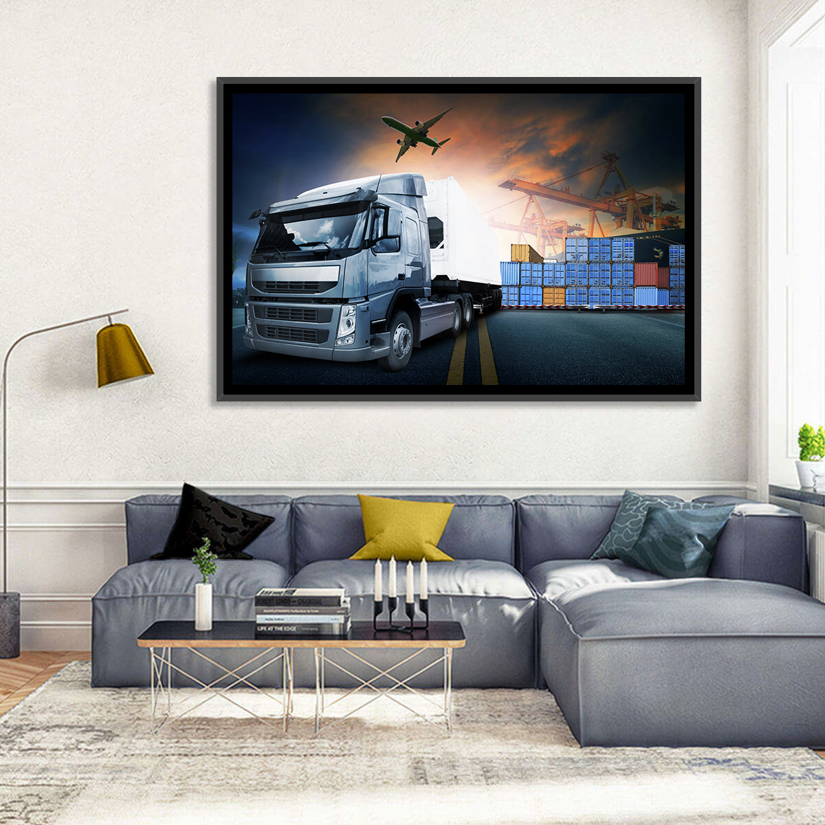 Sunset Freight Terminal Truck Scene Wall Art in a room, landscape