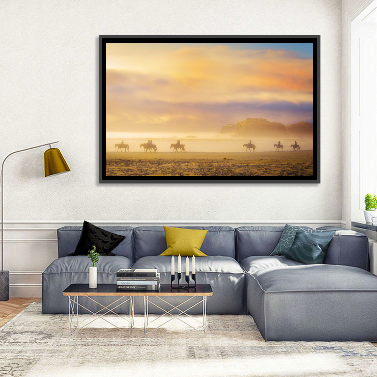 Misty Beach Horseback Riders Wall Art in a room, landscape