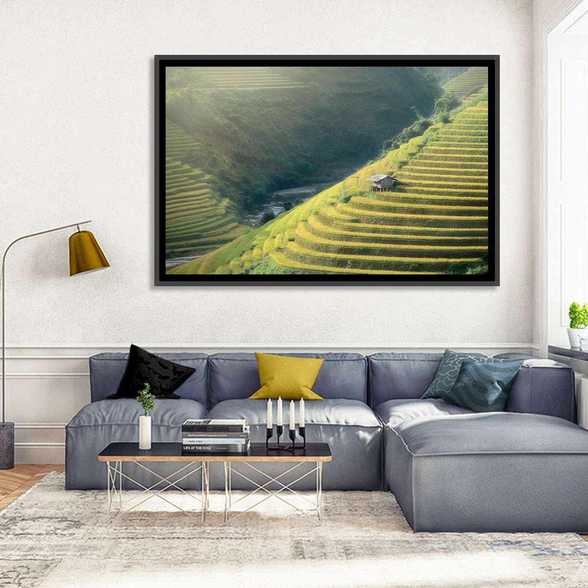 Golden Rice Terraces Wall Art in a room, landscape