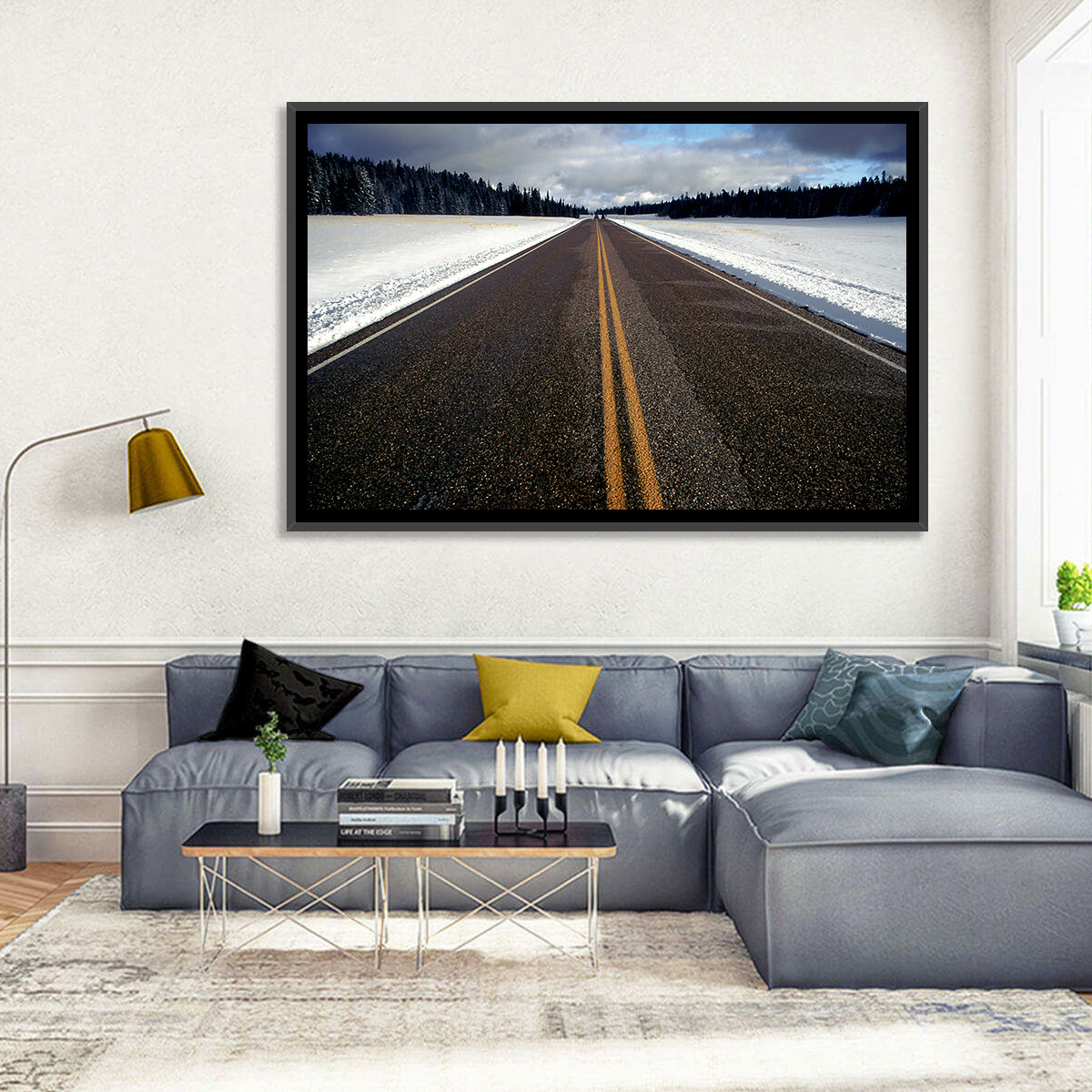 Winter Road Through Pine Forest Wall Art in a room, landscape