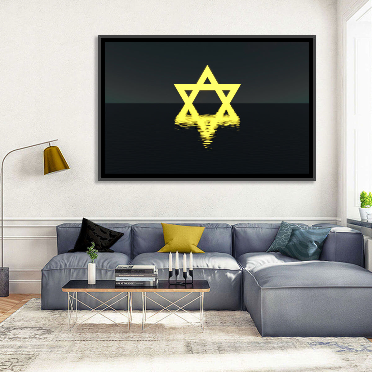 Glowing Star of David Reflection Wall Art in a room, landscape
