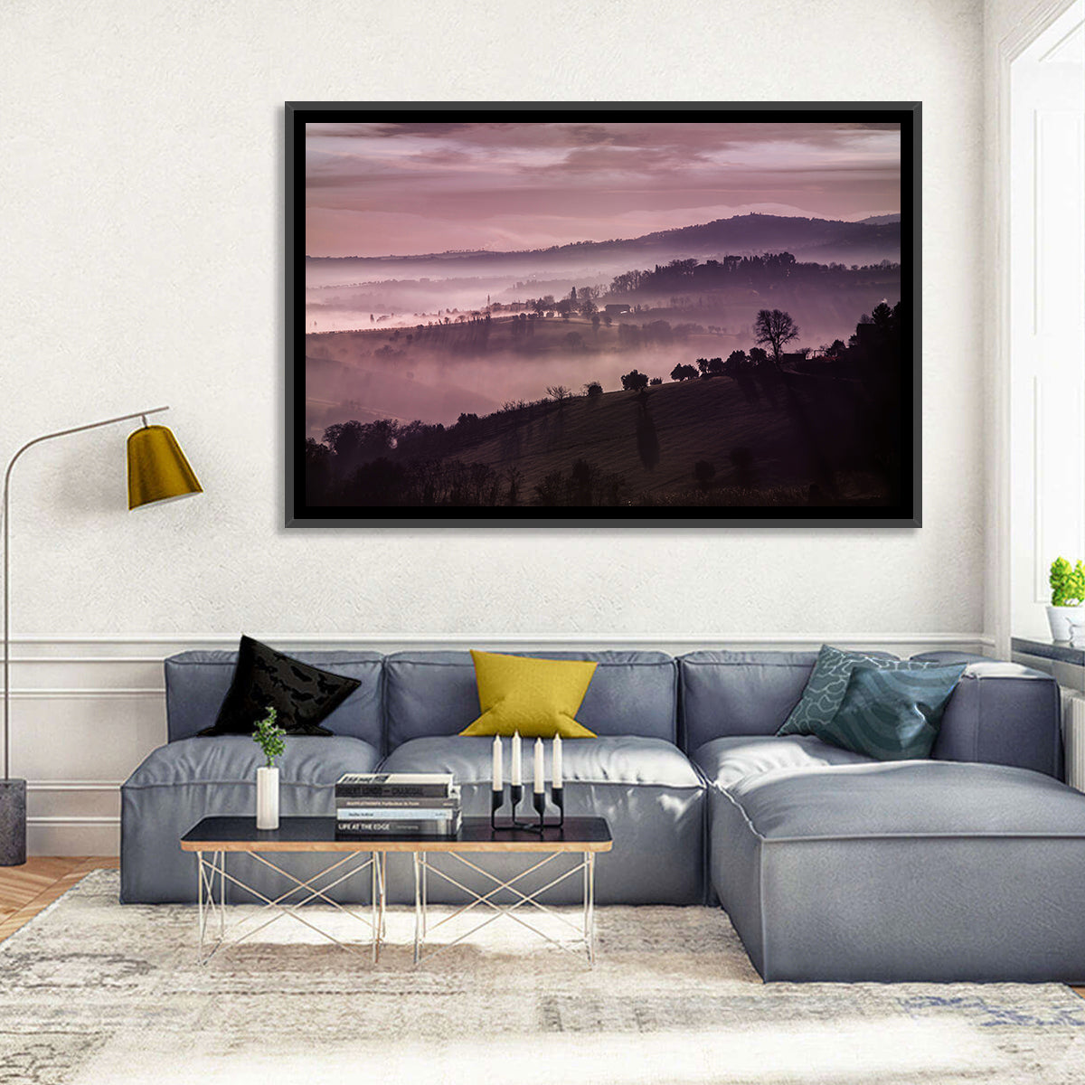 Misty Lavender Hills Wall Art in a room, landscape