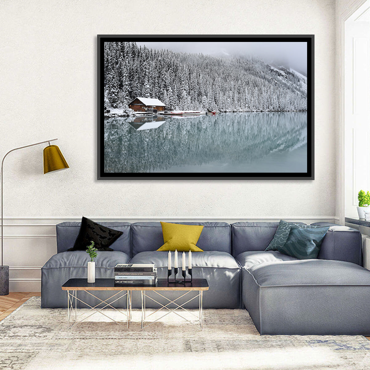 Lake Louise Winter Reflection Wall Art in a room, landscape
