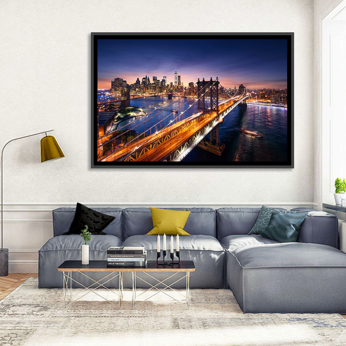 Sunset Over Manhattan Bridges Wall Art in a room, landscape