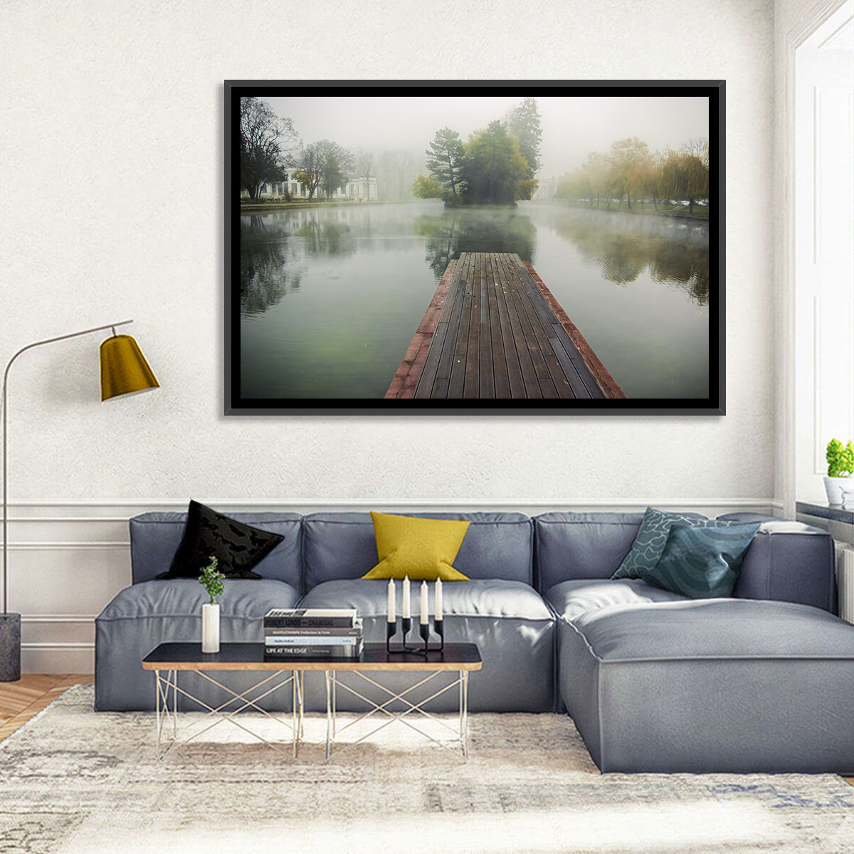 Wooden Pier on Foggy Lake Wall Art in a room, landscape