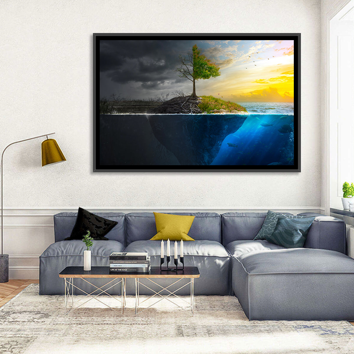 Split Island Tree of Duality Wall Art in a room, landscape