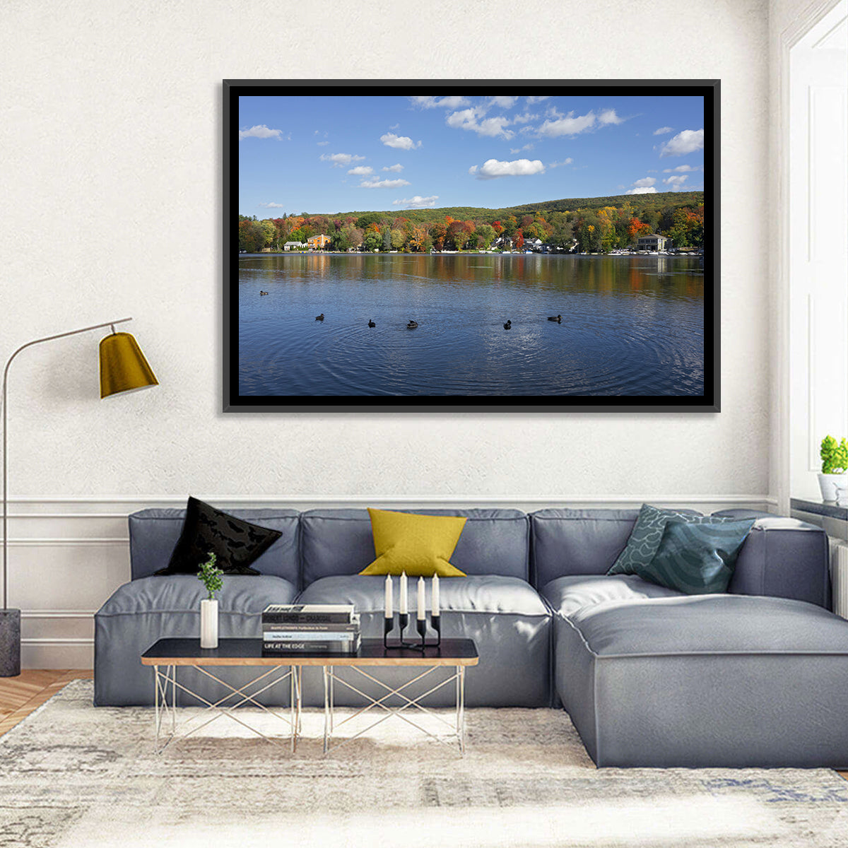 Greenwood Lake Autumn Landscape Wall Art in a room, landscape