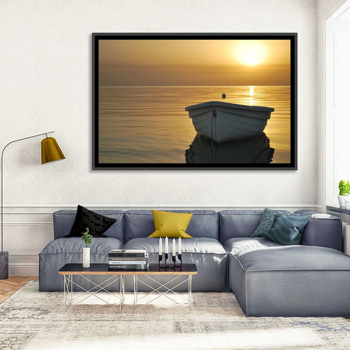 White Rowboat on Golden Sea Wall Art in a room, landscape