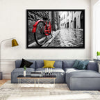 Red Bicycle on Rainy Cobblestone Street Wall Art