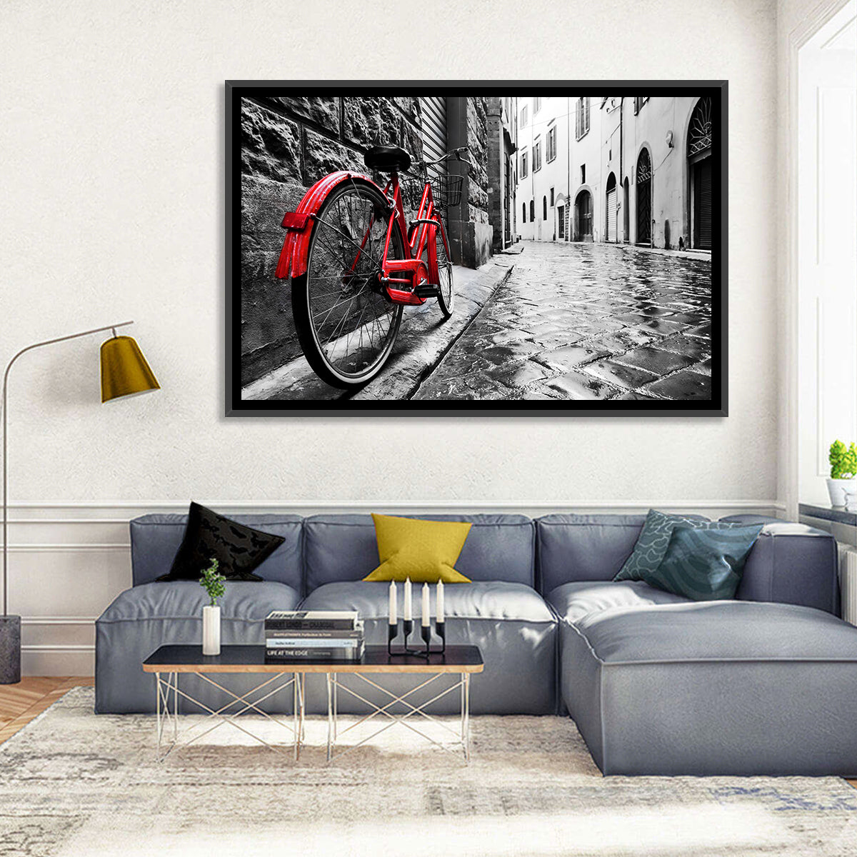 Red Bicycle on Rainy Cobblestone Street Wall Art