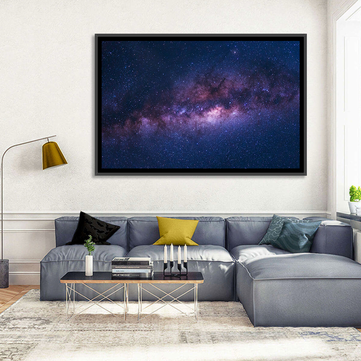 Violet Blue Milky Way Galaxy Wall Art in a room, landscape