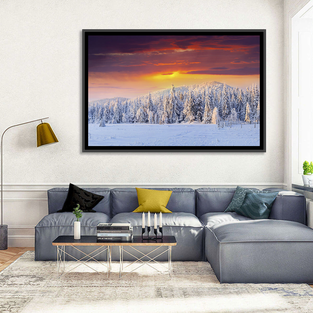 Snowy Forest Sunset Wall Art in a room, landscape