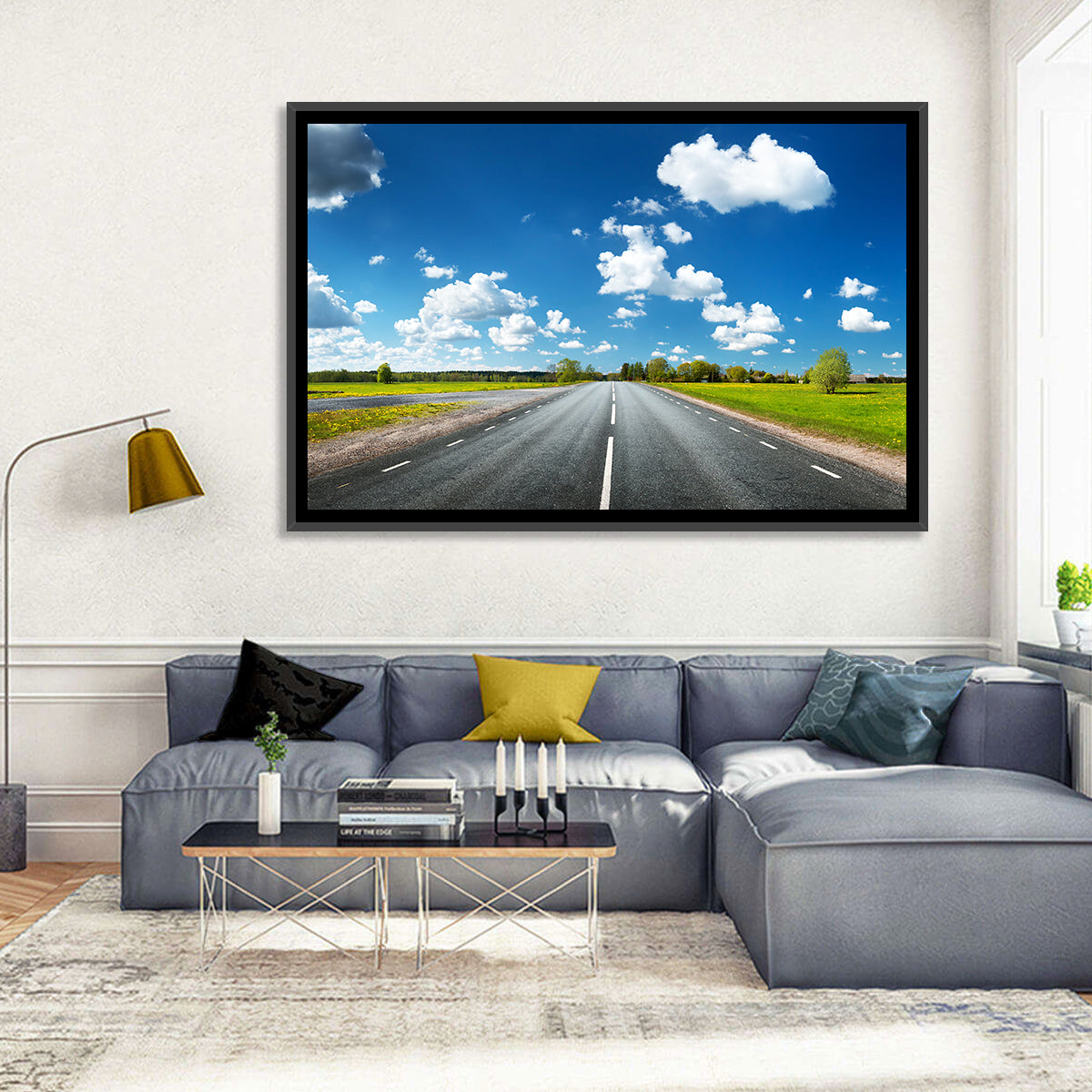 Asphalt Road Through Meadow Wall Art in a room, landscape