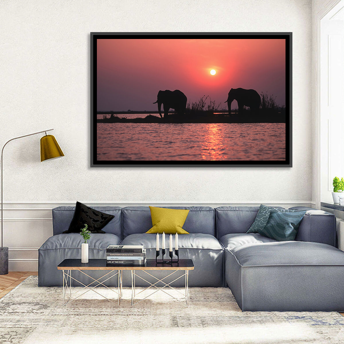 Elephants at Sunset Silhouette Wall Art
