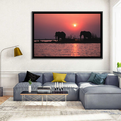 Elephants at Sunset Silhouette Wall Art